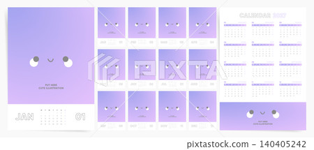 2027 Calendar Planner Template, Set of 12 Monthly Calendar Pages with Cute Illustration Placeholder, Week Starts on Monday, Kawaii Modern Vector Design 2027 Calendar Planner Template, Set of 12 Monthly Calendar Pages with Cute Illustration Placeholder, Week Starts on Monday, Kawaii Modern Vector Design 140405242