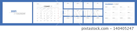 2027 Calendar Planner Template, Monthly Calendar Layout for 2027 Year, Week Starts on Monday, Clean Blue Business Vector Design 2027 Calendar Planner Template, Monthly Calendar Layout for 2027 Year, Week Starts on Monday, Clean Blue Business Vector Design 140405247