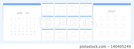 2027 Calendar Planner Template, Monthly Calendar Layout for 2027 Year, Week Starts on Monday, Minimal Pale Blue Vector Design 2027 Calendar Planner Template, Monthly Calendar Layout for 2027 Year, Week Starts on Monday, Minimal Pale Blue Vector Design 140405249