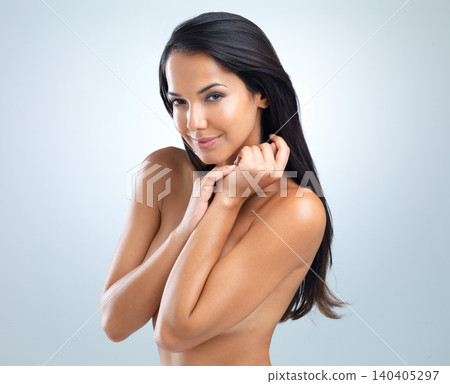 Portrait, woman and hand on body for skincare, bodycare or dermatology in studio on white background. Nude, female person or glow with moisturizing for hydration, flawless skin and wellness treatment Portrait, woman and hand on body for skincare, bodycare or dermatology in studio on white background. Nude, female person or glow with moisturizing for hydration, flawless skin and wellness treatment 140405297
