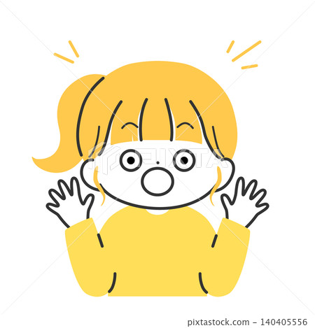 以充滿情感的色彩描繪了一個女孩(上半身)雙手高舉,表示驚訝的插圖。 以充滿情感的色彩描繪了一個女孩(上半身)雙手高舉,表示驚訝的插圖。 140405556