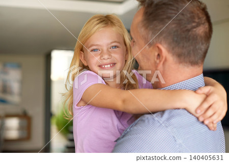 Daughter, dad and portrait for bonding, family and home with smile and playtime with hug. Father, little girl and happy for joy, care and child development with parent and love at house together Daughter, dad and portrait for bonding, family and home with smile and playtime with hug. Father, little girl and happy for joy, care and child development with parent and love at house together 140405631