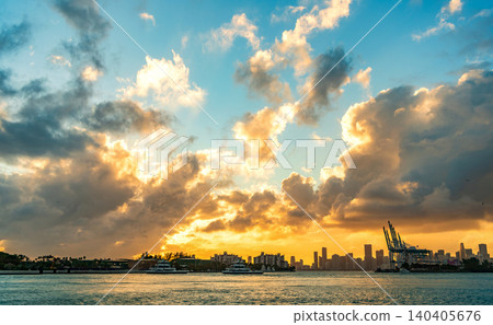Skyscape with sea horizon. Horizon sunrise sea with ship. Sunrise seascape. Romantic summer vacation seascape. Golden hour. Sea sunset horizon. Sunset cloudy sky. Seascape at summer vacation 140405676
