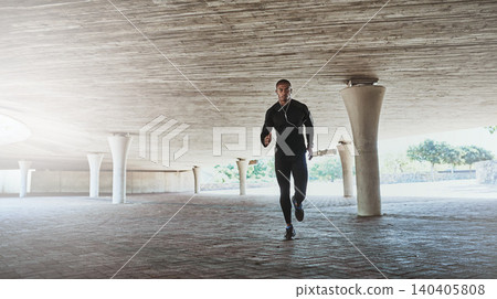 Man, face and running for fitness outdoor with music, listening to podcast and exercise for healthy body. Athlete, person and earphones with audio, radio and sound for marathon training in car park Man, face and running for fitness outdoor with music, listening to podcast and exercise for healthy body. Athlete, person and earphones with audio, radio and sound for marathon training in car park 140405808