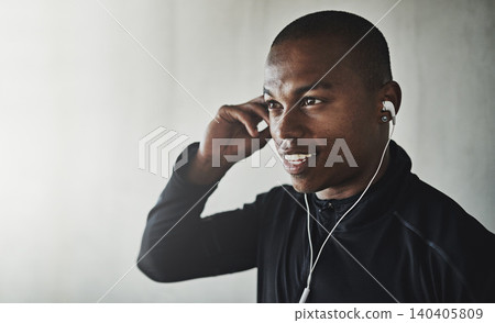 Man, face and music for fitness outdoor with thinking, listening to podcast and happiness for healthy body. Athlete, african person and earphones with audio, radio and sound for workout and mockup 140405809