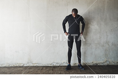 Man, relax and music for fitness outdoor with mockup space, listening to podcast or exercise for healthy body. Athlete, african person and earphones with audio, rest or sound for workout and training Man, relax and music for fitness outdoor with mockup space, listening to podcast or exercise for healthy body. Athlete, african person and earphones with audio, rest or sound for workout and training 140405810