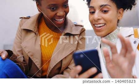 Friends, smile and smartphone with scroll together for social media, website and search on internet Communication, relax and people with cellphone for streaming video, reading blog and text message 140405823
