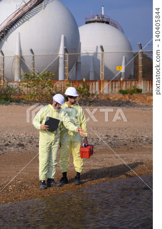 Industrial wastewater inspection team monitoring drainage system at factory site Industrial wastewater inspection team monitoring drainage system at factory site 140405844