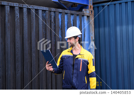 Logistics inspector checking shipping containers at industrial cargo terminal 140405853