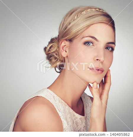 Beauty, skincare and portrait of woman in studio for cosmetics, satisfaction and facial. Self care, glow and shine with face of female model on grey background for clean, natural makeup and spa Beauty, skincare and portrait of woman in studio for cosmetics, satisfaction and facial. Self care, glow and shine with face of female model on grey background for clean, natural makeup and spa 140405862