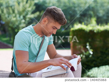 Student, man and reading with books at park, campus or university for studying, development or knowledge. Person, college and outdoor in garden with thinking, information or scholarship for education Student, man and reading with books at park, campus or university for studying, development or knowledge. Person, college and outdoor in garden with thinking, information or scholarship for education 140405868