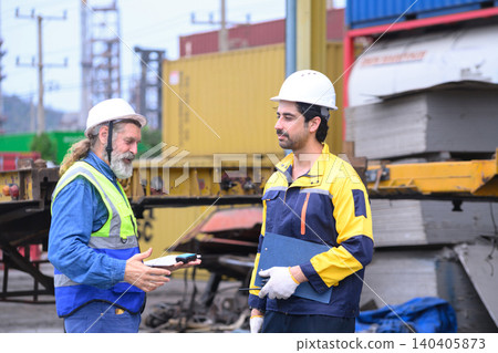 Industrial logistics supervisors discussing cargo shipment operations at freight warehouse 140405873