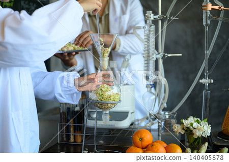 Scientists in White Lab Coats Distilling Natural Plant Botanicals in Glass Flask with Distillation Apparatus Scientists in White Lab Coats Distilling Natural Plant Botanicals in Glass Flask with Distillation Apparatus 140405878