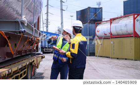 Industrial engineers reviewing cargo transport and container logistics operations at shipping yard Industrial engineers reviewing cargo transport and container logistics operations at shipping yard 140405909