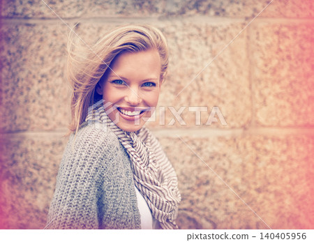 Autumn, fashion and portrait of happy woman in wall, outdoor and brick background. Casual, style and girl with beauty from makeup, cosmetics or positive attitude in city with cardigan and scarf Autumn, fashion and portrait of happy woman in wall, outdoor and brick background. Casual, style and girl with beauty from makeup, cosmetics or positive attitude in city with cardigan and scarf 140405956