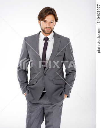 Businessman, portrait and fashion with style for career ambition or opportunity on a white studio background. Handsome or attractive man, employee or professional in confidence or suit for business Businessman, portrait and fashion with style for career ambition or opportunity on a white studio background. Handsome or attractive man, employee or professional in confidence or suit for business 140405977