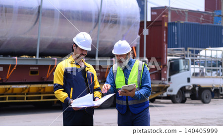 Logistics engineers reviewing shipment documents at industrial cargo transport terminal Logistics engineers reviewing shipment documents at industrial cargo transport terminal 140405999