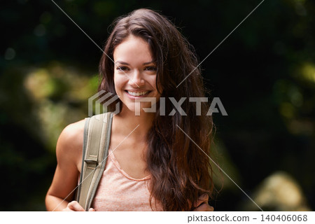 Walking, travel or happy woman in nature, woods or wilderness for trekking or outdoor adventure with bag. Smile, relax or hiker hiking in natural park or forest for exercise or wellness on holiday Walking, travel or happy woman in nature, woods or wilderness for trekking or outdoor adventure with bag. Smile, relax or hiker hiking in natural park or forest for exercise or wellness on holiday 140406068