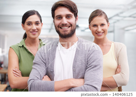 Portrait, creative company and teamwork by colleagues with smile in job and career in design with unity. People, professional and working as employees, staff and happiness in business of workplace 140406125