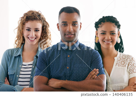 Business colleagues, smiling and portrait in studio for creative planning or collaboration on white backdrop. Diverse people and interns for teamwork, confidence and pride in career or job 140406135