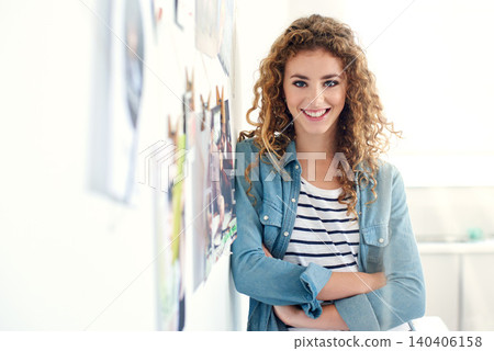 Happy woman, portrait or graphic designer with crossed arms in creative studio for project or small business. Smile, confident or employee in workspace for entrepreneurship career, startup or office Happy woman, portrait or graphic designer with crossed arms in creative studio for project or small business. Smile, confident or employee in workspace for entrepreneurship career, startup or office 140406158