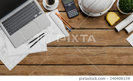 Architectural planning desk with construction helmet blueprints laptop and engineering tools 3D render Architectural planning desk with construction helmet blueprints laptop and engineering tools 3D render 140406159