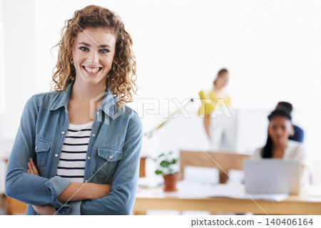 Happy woman, confidence or portrait of designer in creative studio for project, internship or small business. Smile, arms crossed or proud worker ready for entrepreneurship career, startup or office Happy woman, confidence or portrait of designer in creative studio for project, internship or small business. Smile, arms crossed or proud worker ready for entrepreneurship career, startup or office 140406164