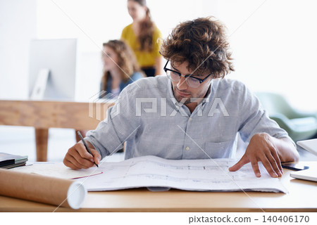 Paper, desk and architect with blueprint in office for writing, planning and building design. Project, man and construction plan on table with thinking for idea, vision and property development Paper, desk and architect with blueprint in office for writing, planning and building design. Project, man and construction plan on table with thinking for idea, vision and property development 140406170