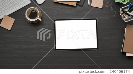 Top view of digital tablet, laptop, notebook, and coffee on black background Top view of digital tablet, laptop, notebook, and coffee on black background 140406174