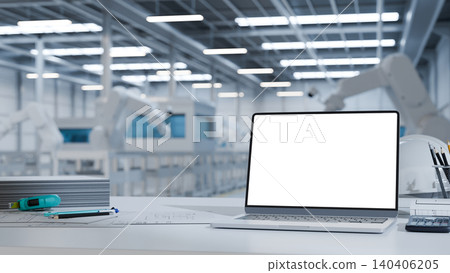 Modern industrial engineering desk with blank laptop screen inside automated smart factory facility Modern industrial engineering desk with blank laptop screen inside automated smart factory facility 140406205