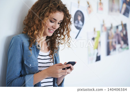 Happy woman, cellphone and email in office for networking and creative professional with work in agency. Editor, mobile app or social media for startup company or online review for magazine editing 140406384