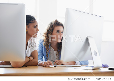 Happy business women, working or computer at desk in office or teamwork diversity for writing ebook. Journalist, review or collaboration by desktop on project or online research for magazine editing Happy business women, working or computer at desk in office or teamwork diversity for writing ebook. Journalist, review or collaboration by desktop on project or online research for magazine editing 140406443