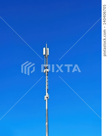 Modern telecommunications tower against clear blue sky for wireless connectivity Modern telecommunications tower against clear blue sky for wireless connectivity 140406705