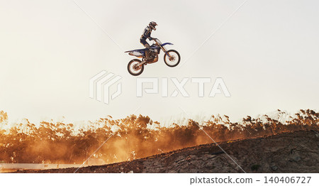 Person, jump and professional motorcyclist on mockup in the air for trick, stunt or ramp on outdoor dirt track. Expert rider on motorbike with lift off for extreme sports or rally challenge in nature Person, jump and professional motorcyclist on mockup in the air for trick, stunt or ramp on outdoor dirt track. Expert rider on motorbike with lift off for extreme sports or rally challenge in nature 140406727