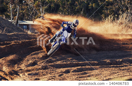 Person, dirt racer and professional motorcyclist on bike for extreme sports competition on outdoor track. Expert rider on motorbike or scrambler for sand course, challenge or off road rally in nature Person, dirt racer and professional motorcyclist on bike for extreme sports competition on outdoor track. Expert rider on motorbike or scrambler for sand course, challenge or off road rally in nature 140406783