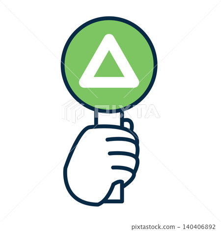An illustration of a hand holding a triangular answer card. An icon of a hand holding a plate with a green triangle mark. The answer to the question. An illustration of a hand holding a triangular answer card. An icon of a hand holding a plate with a green triangle mark. The answer to the question. 140406892