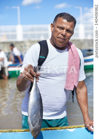 Portrait, sea and fisherman with fish on boat in nature outdoor to travel in summer. Person, man or animal at ship in ocean, food or fresh catch with face of serious angler working by water in Brazil Portrait, sea and fisherman with fish on boat in nature outdoor to travel in summer. Person, man or animal at ship in ocean, food or fresh catch with face of serious angler working by water in Brazil 140406962