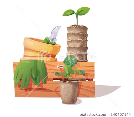 Gardening Set with Cabbage Seedling, Peat Pots, Gloves and Pruning Shears in Wooden Crate. Flat Vector Illustration Perfect for Agricultural Catalog, Gardening Guide or Plant Care Tutorial Gardening Set with Cabbage Seedling, Peat Pots, Gloves and Pruning Shears in Wooden Crate. Flat Vector Illustration Perfect for Agricultural Catalog, Gardening Guide or Plant Care Tutorial 140407144