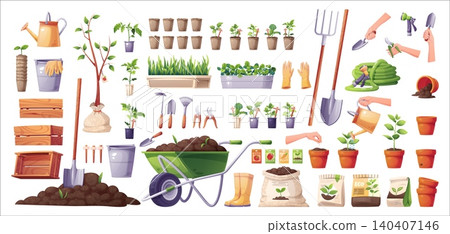 Gardening tools set and vegetable seedlings collection. Gardening equipment, wheelbarrow, watering can, hose, rake, shovel, pruners, rubber boots, fertilizer bags, and assorted plants. Flat vector Gardening tools set and vegetable seedlings collection. Gardening equipment, wheelbarrow, watering can, hose, rake, shovel, pruners, rubber boots, fertilizer bags, and assorted plants. Flat vector 140407146