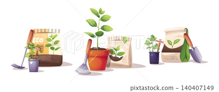 Set of Gardening Compositions with Potted Plants, Cultivators, Shovel, Fertilizer Sacks and Plant Markers Isolated on White. Suitable for Garden Design and Decor. Set of Gardening Compositions with Potted Plants, Cultivators, Shovel, Fertilizer Sacks and Plant Markers Isolated on White. Suitable for Garden Design and Decor. 140407149