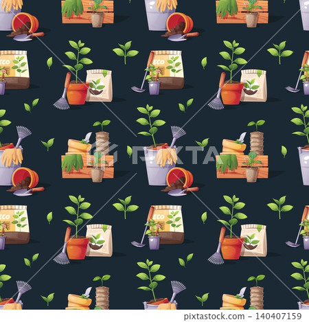 Gardening Seamless Pattern with Assorted Tools and Supplies. Wooden Crates, Metal Buckets, Flower Pots, Seed Packets, Rakes and Trowels. Perfect for Textile, Fabric, Wrapping Paper or Background. Gardening Seamless Pattern with Assorted Tools and Supplies. Wooden Crates, Metal Buckets, Flower Pots, Seed Packets, Rakes and Trowels. Perfect for Textile, Fabric, Wrapping Paper or Background. 140407159