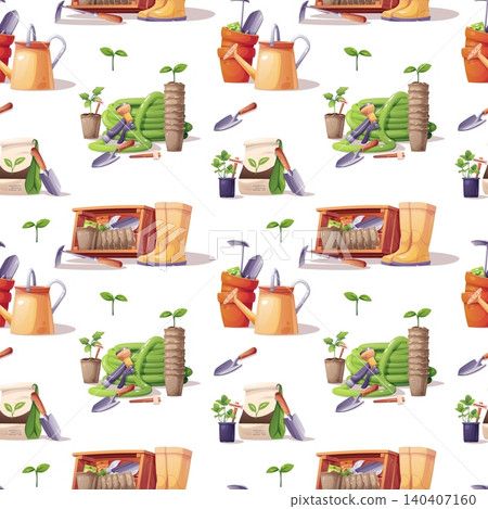 Gardening Seamless Pattern with Assorted Tools and Equipment. Watering Cans, Garden Hoses, Rubber Boots, Wooden Crates and Soil Bags. Perfect for Textile, Fabric, Wrapping Paper or Background. Gardening Seamless Pattern with Assorted Tools and Equipment. Watering Cans, Garden Hoses, Rubber Boots, Wooden Crates and Soil Bags. Perfect for Textile, Fabric, Wrapping Paper or Background. 140407160