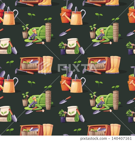 Gardening Seamless Pattern with Assorted Tools and Equipment. Watering Cans, Garden Hoses, Rubber Boots, Wooden Crates and Soil Bags. Perfect for Textile, Fabric, Wrapping Paper or Background. Gardening Seamless Pattern with Assorted Tools and Equipment. Watering Cans, Garden Hoses, Rubber Boots, Wooden Crates and Soil Bags. Perfect for Textile, Fabric, Wrapping Paper or Background. 140407161