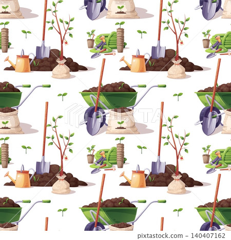 Gardening Seamless Pattern with Assorted Tools and Plants. Green Wheelbarrow, Shovel, Sapling, Watering Can, Hose and Soil Bags. Perfect for Textile, Fabric, Wrapping Paper or Background. 140407162