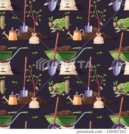 Gardening Seamless Pattern with Assorted Tools and Plants. Green Wheelbarrow, Shovel, Sapling, Watering Can, Hose and Soil Bags. Perfect for Textile, Fabric, Wrapping Paper or Background. Gardening Seamless Pattern with Assorted Tools and Plants. Green Wheelbarrow, Shovel, Sapling, Watering Can, Hose and Soil Bags. Perfect for Textile, Fabric, Wrapping Paper or Background. 140407163