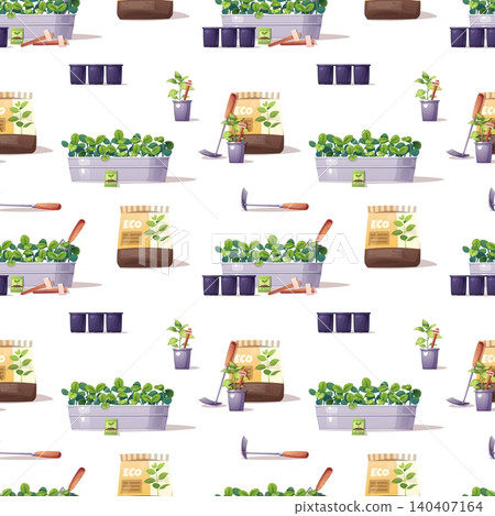 Gardening seamless pattern with growing plants and supplies. Rectangular planters with green sprouts, purple pots, eco soil bags, seed packets, wooden markers and hand tools. Perfect for textile, 140407164