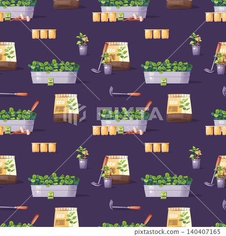 Gardening seamless pattern with growing plants and supplies. Rectangular planters with green sprouts, purple pots, eco soil bags, seed packets, wooden markers and hand tools. Perfect for textile, Gardening seamless pattern with growing plants and supplies. Rectangular planters with green sprouts, purple pots, eco soil bags, seed packets, wooden markers and hand tools. Perfect for textile, 140407165