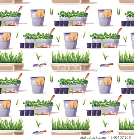 Gardening seamless pattern with growing plants and supplies. Rectangular planters with green sprouts, purple pots, eco soil bags, seed packets, wooden markers and hand tools. Perfect for textile, Gardening seamless pattern with growing plants and supplies. Rectangular planters with green sprouts, purple pots, eco soil bags, seed packets, wooden markers and hand tools. Perfect for textile, 140407166