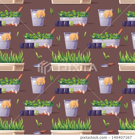 Gardening seamless pattern with growing plants and supplies. Rectangular planters with green sprouts, purple pots, eco soil bags, seed packets, wooden markers and hand tools. Perfect for textile, 140407167