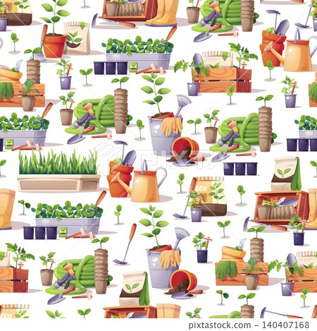 Gardening seamless pattern with various supplies and plants. Watering cans, hoses, boots, gloves, trowels, rakes, crates, troughs and pots. Perfect for textile, fabric, wrapping paper or background. 140407168